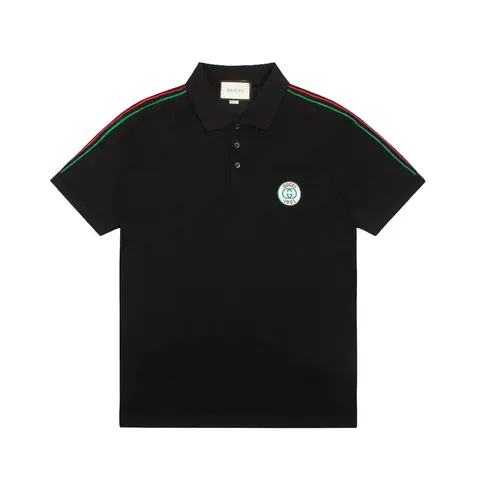 Gucci Black Polo Shirt with Web Stripe and Logo Patch
