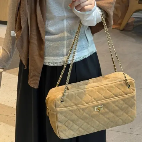 Beige Quilted Suede Shoulder Bag with Gold Chain Strap