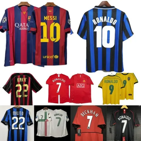 Collection of Football Jersey Replicas Featuring Messi, Ronaldo, Beckham, and Kaka