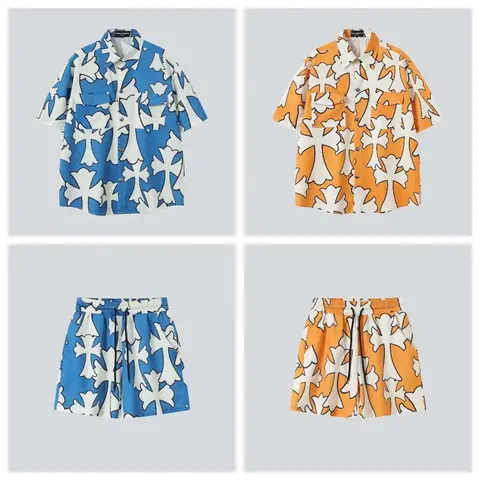 Chrome Hearts Blue Orange Cross Print Shirt and Shorts Set