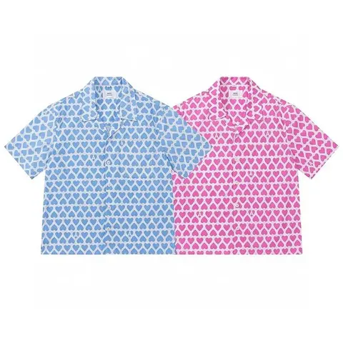 Heart Pattern Short Sleeve Shirts - Blue and Pink