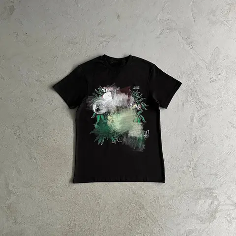 Black Graphic T-Shirt with Tropical Print