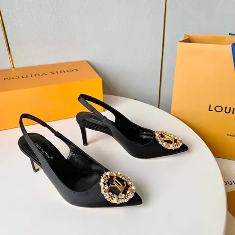 Louis Vuitton Black Slingback Heels with Crystal LV Buckle
