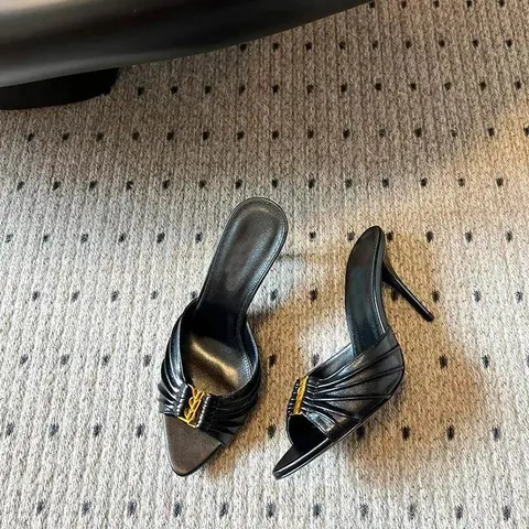 Saint Laurent Black Leather Pointed Toe Mules with Gold Logo Detail