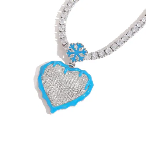 Blue Heart Pendant Necklace with Crystal Chain and Snowflake Accent