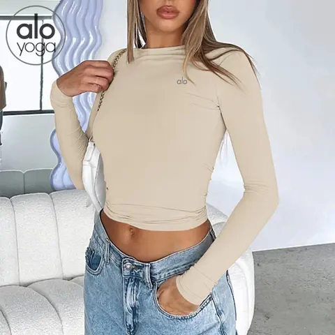 Alo Yoga Beige Long Sleeve Crop Top