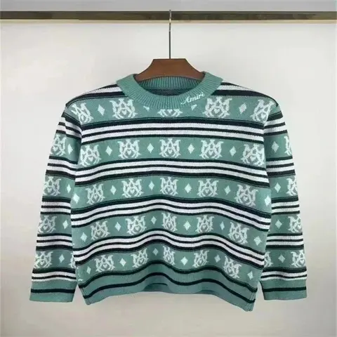 Amiri Green Striped Knit Sweater with Monogram Pattern