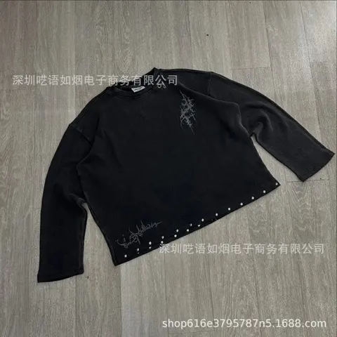 Black Long Sleeve Crop Top with Embroidered Design and Studs
