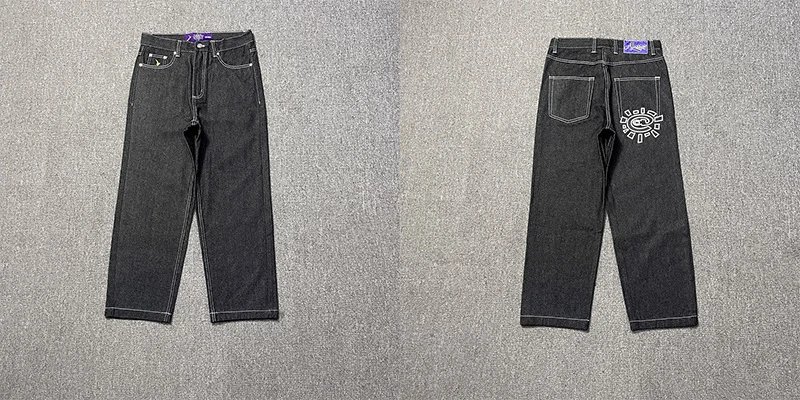 303紫色小标黑印花牛仔裤