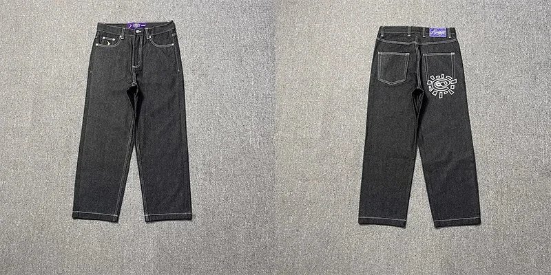 303紫色小标黑印花牛仔裤