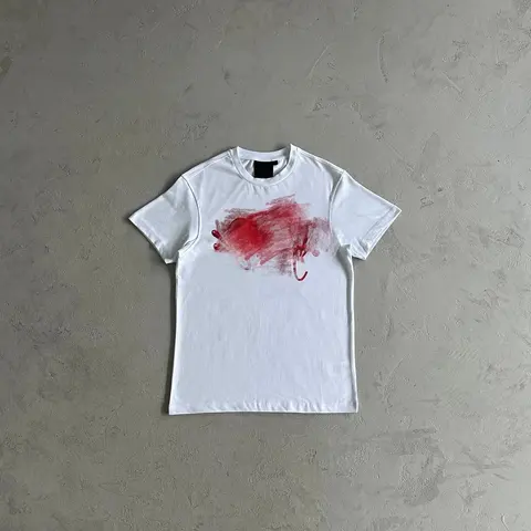 White T-Shirt with Red Abstract Print