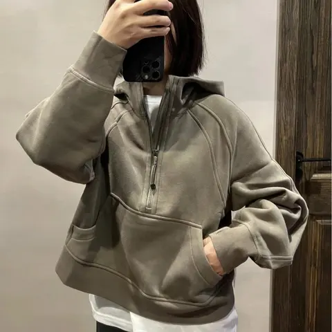 Beige Half-Zip Hoodie Sweatshirt
