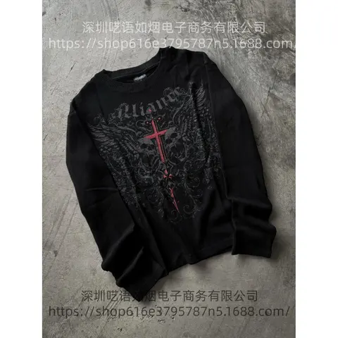 Black Long Sleeve T-Shirt with Red Cross and Wing Design