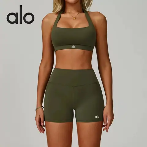 alo Olive Green Sports Bra and Shorts Set