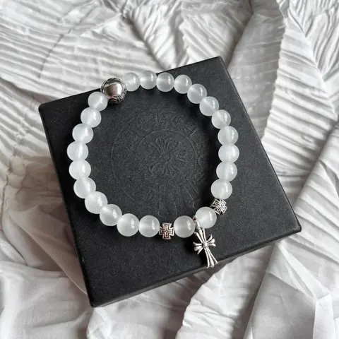 White Agate Beaded Bracelet with Cross Charms