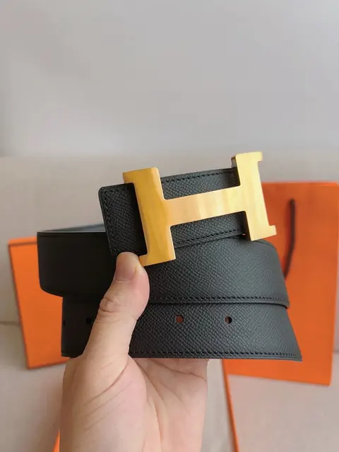 Hermès Black Leather Belt with Gold H Buckle