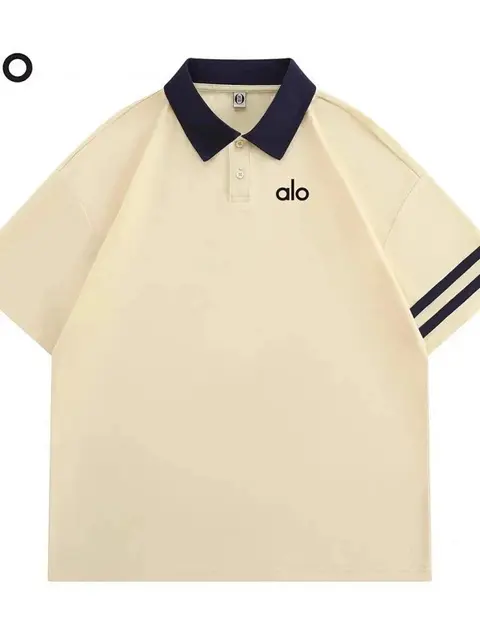 alo Cream Polo Shirt with Navy Collar and Sleeve Stripes