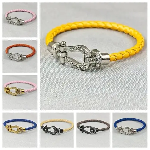 Braided Leather Bracelet with Rhinestone Horsebit Clasp