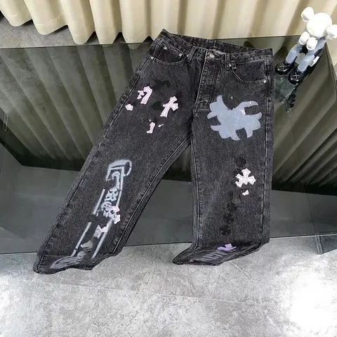 Black Denim Jeans with Abstract Patchwork Design