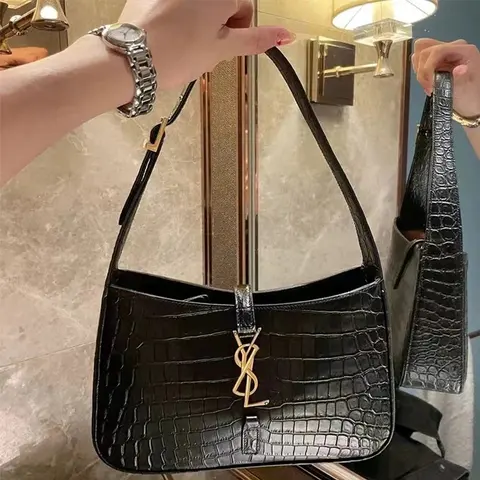 Saint Laurent Crocodile-Embossed Black Leather Bag
