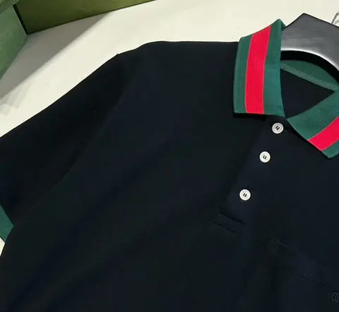 Gucci Navy Blue Polo Shirt with Red and Green Stripe Collar