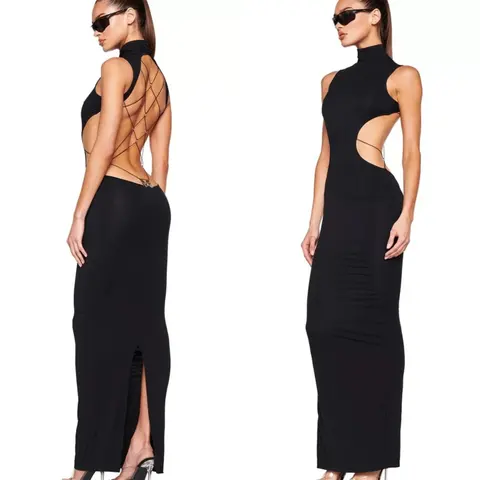 Hollow-Out Backless Slit Maxi Dress with Metallic Accents