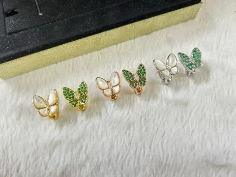 VCA Butterfly White Abalone and Green Diamond Stud Earrings
