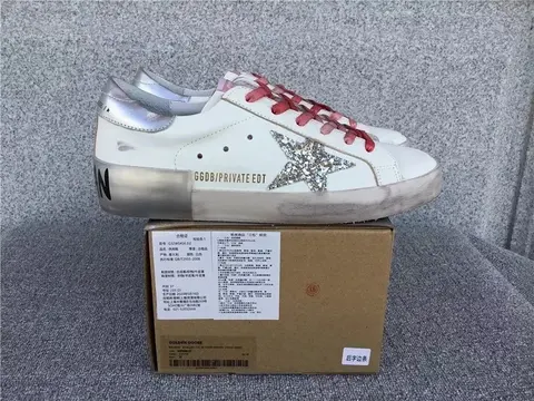 Golden Goose Superstar Sneakers White with Glitter Star and Red Laces