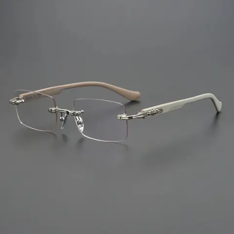 Half-Rim Metal Eyeglasses with Beige Temple Arms