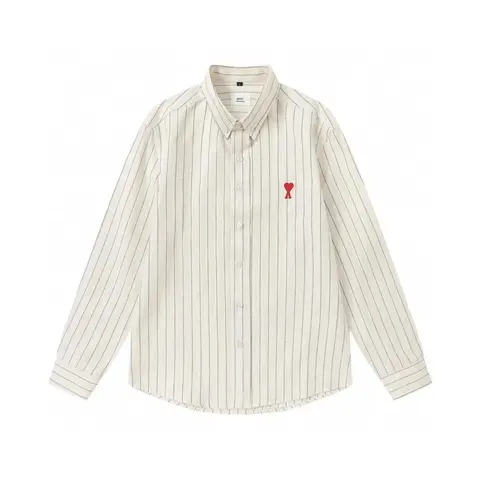 A.P.C. Pinstripe Button-Up Shirt with Red Heart Embroidery