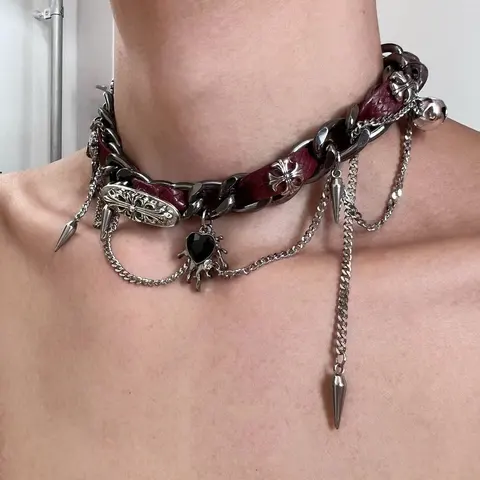 Gothic Punk Choker Necklace with Spider Pendant and Spikes