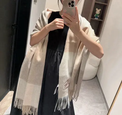 Beige Plaid Wool Scarf with Fringe