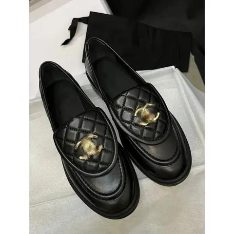 Chanel Black Quilted Leather Loafers with Gold CC Logo