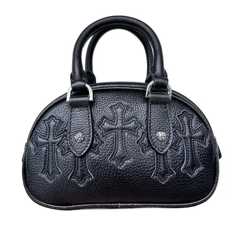 Black Leather Cross Embossed Handbag