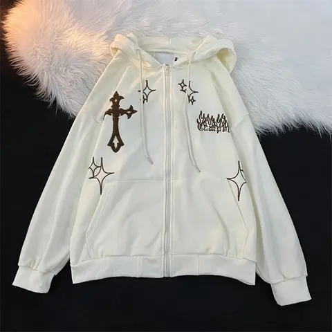 White Embroidered Cross and Star Zip-Up Hoodie