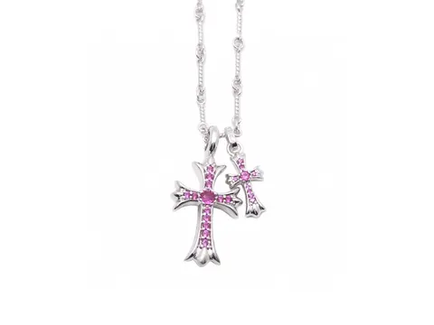 Double Pink Crystal Cross Pendant Necklace