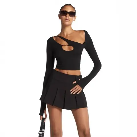 Black Asymmetric Cut-Out Crop Top and Pleated Mini Skirt Set