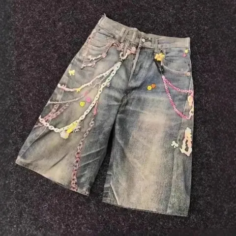 Printed Straight-Leg Denim Shorts - Unisex Candy Color Version