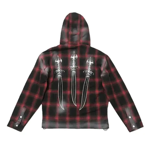 Red and Black Plaid Hooded Jacket with Triple Sword Graphic