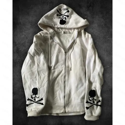 Skull Parlor White Zip-Up Hoodie with Skull and Crossbones Design