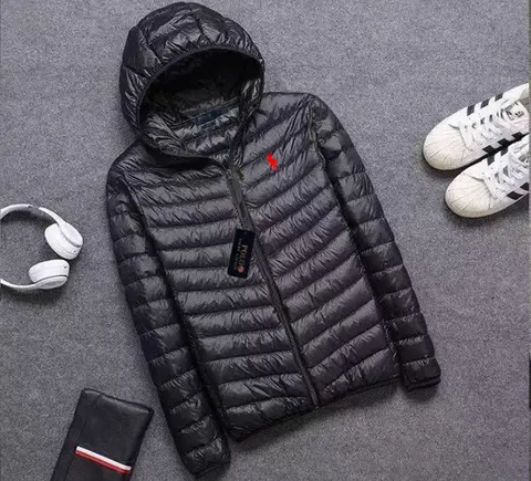 Black Hooded Quilted Down Jacket with Red Logo