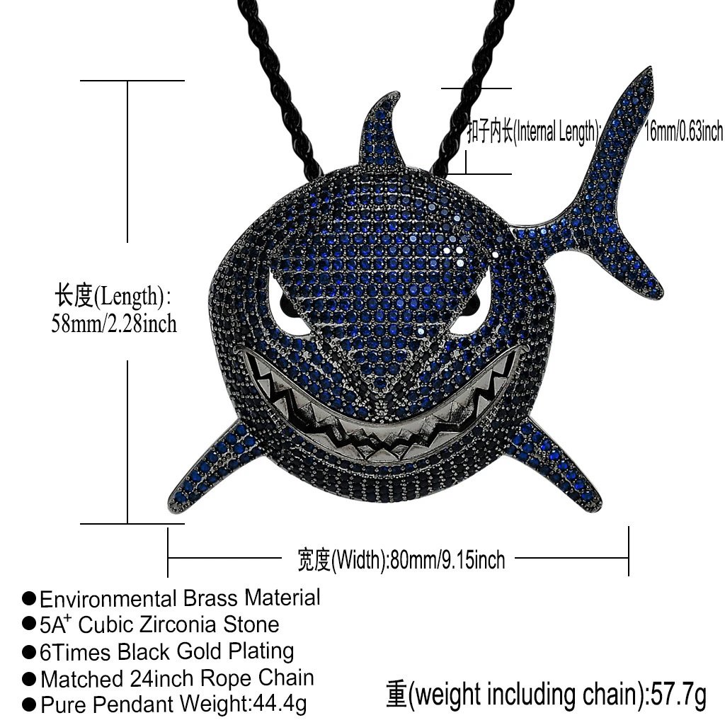 鲨鱼黑蓝锆+3mm*60cm不锈钢麻花链