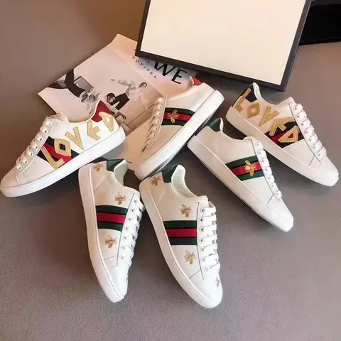 White Sneakers with 'LOVE' Embroidery and Red-Green Stripes