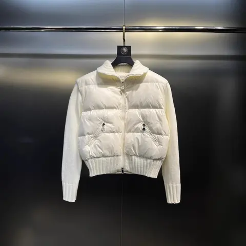 Moncler White Puffer Jacket with Knit Sleeves