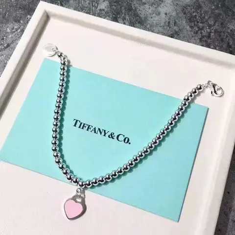 Tiffany & Co. Silver Beaded Necklace with Pink Heart Pendant