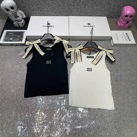 Miu Miu Ribbed Tank Top with Logo Ties