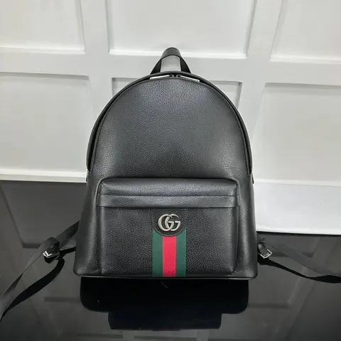 Gucci Black Leather Backpack with Web Stripe and Double G Logo