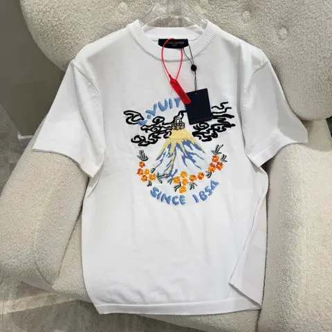 Louis Vuitton White Embroidered T-Shirt with Mount Fuji Design