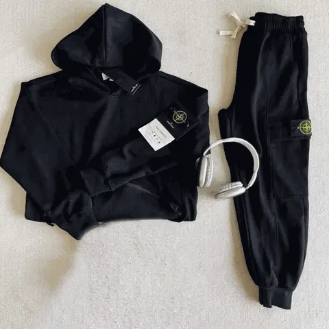 LUXE Black Ribbed Hoodie and Jogger Set