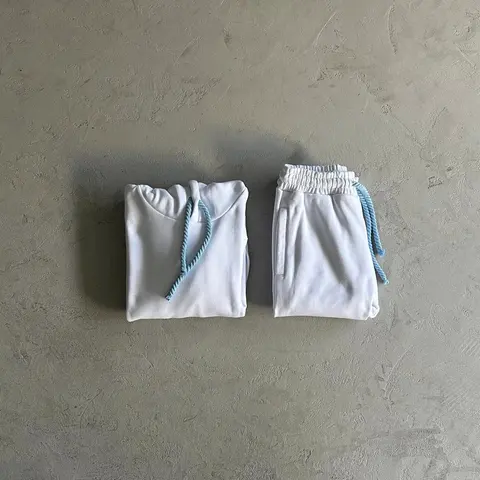 White Hoodie and Sweatpants Set with Blue Drawstrings